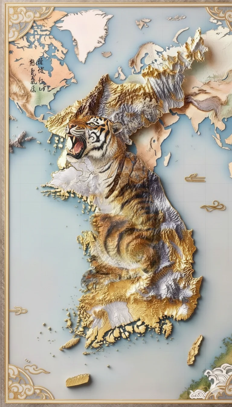 The Korean peninsula rendered as a tiger in gold relief — the undivided tiger form